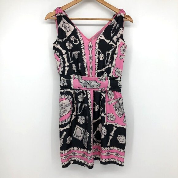 MOSCHINO Black and Pink V-Neck Bones Prehistoric Print Silk Dress Cheap and Chic - Picture 3 of 16
